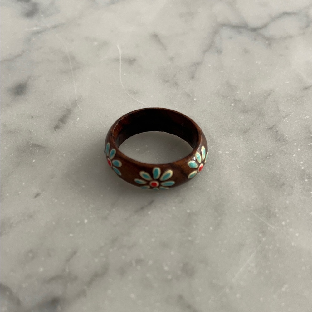 Vintage Brown Wooden Ring with Turquoise Flower Accents
